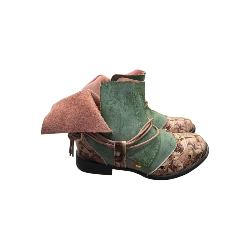 TMA EYES Tie-Accent Green Leather Newspaper Ankle Boots EU 37 US 6.5